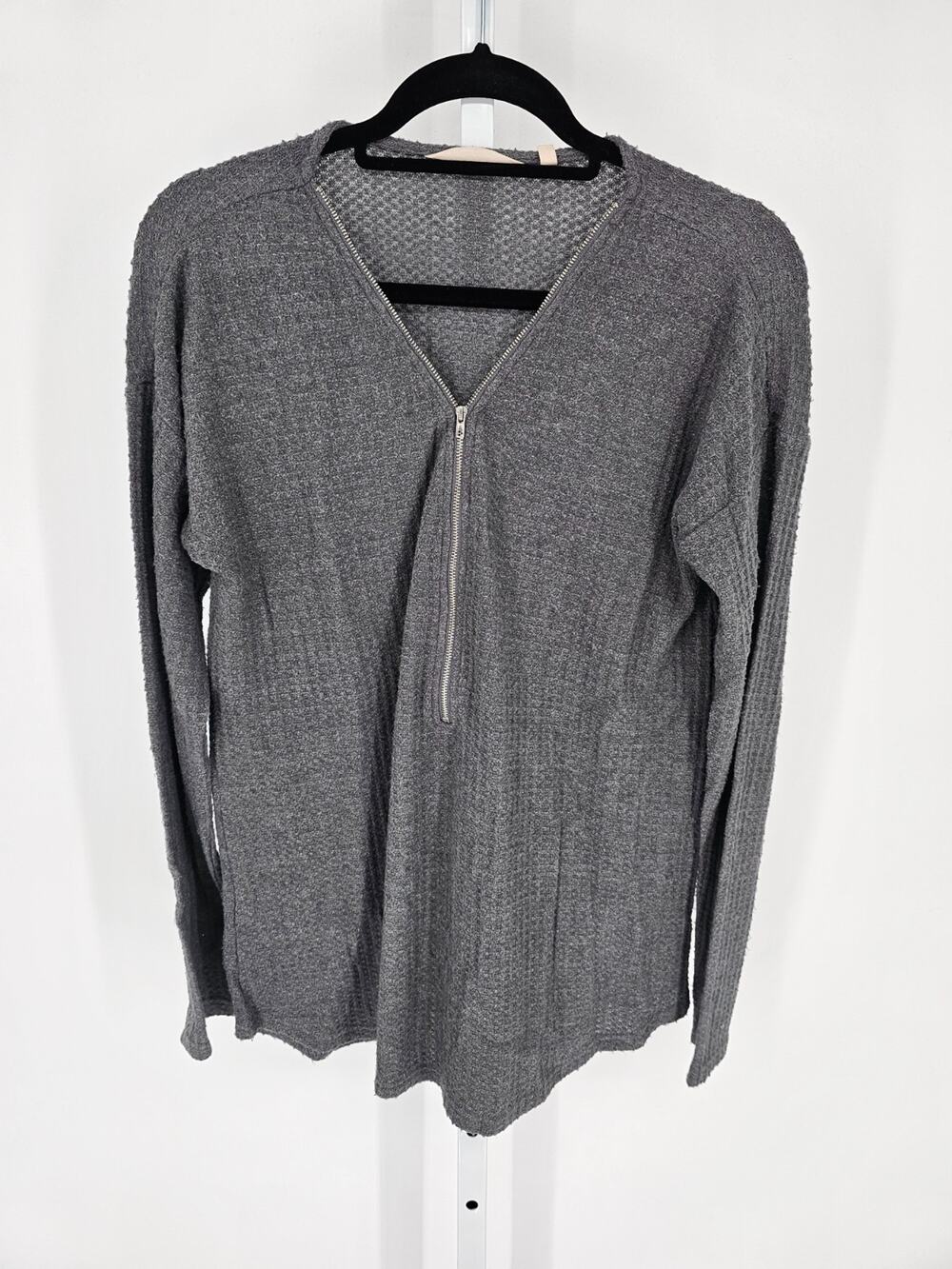 Soft Surroundings Womens M Gray Waffle Knit Long Sleeves Zen Zip Thermal Shirt